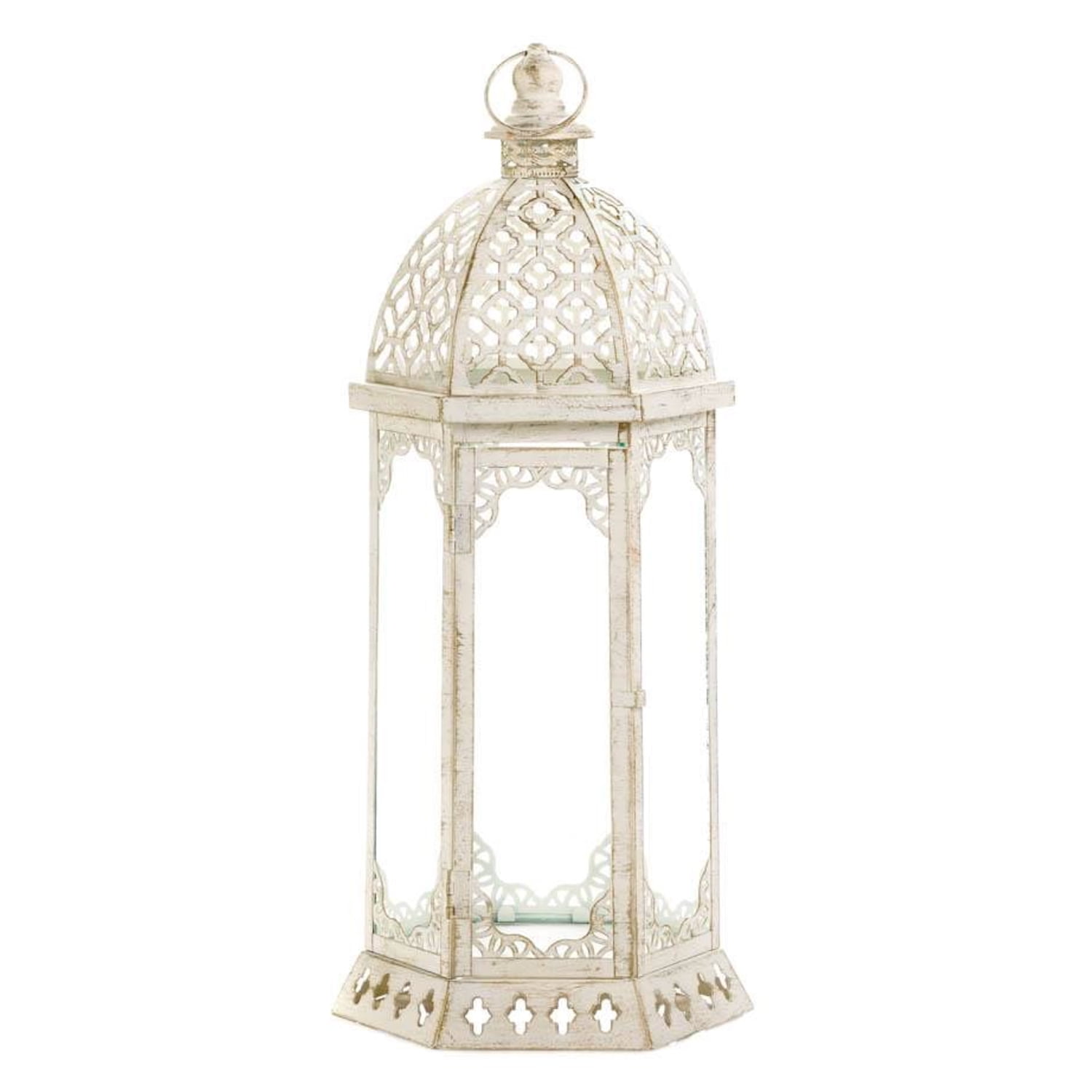 Amina Graceful Distressed White Iron Hanging Candle Lantern