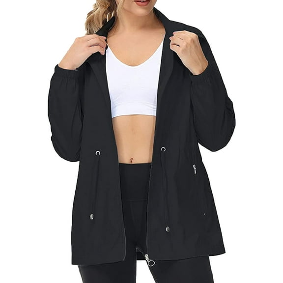 Lovskoo Women's Trench Coat Windbreaker Long Sleeve Solid Thin Hooded Zipper Casual Sport Coat Black
