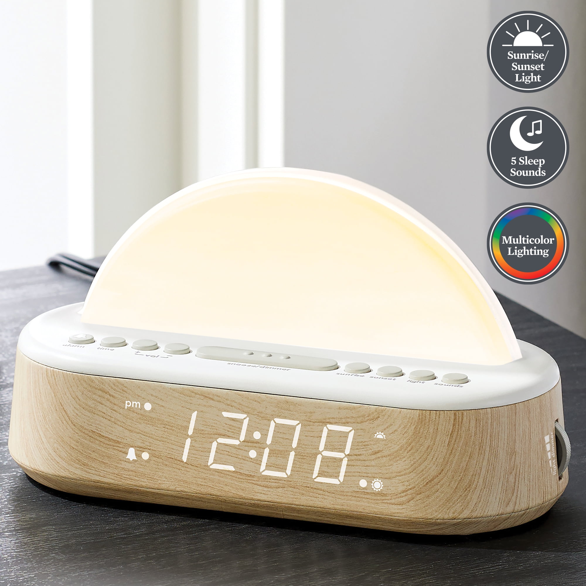 Better Homes & Gardens Sunrise Digital Alarm Clock with Tranquil Sleep Sounds and Multicolor Light