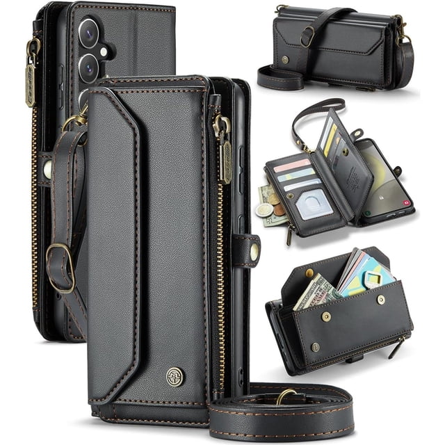 Estuche tipo Billetera Compatible con Samsung Galaxy S24 Plus Estuche para Teléfono con Bolsillo con Cremallera y Correa Magnética para el Hombro con Cierre a Presión de Cuero PU