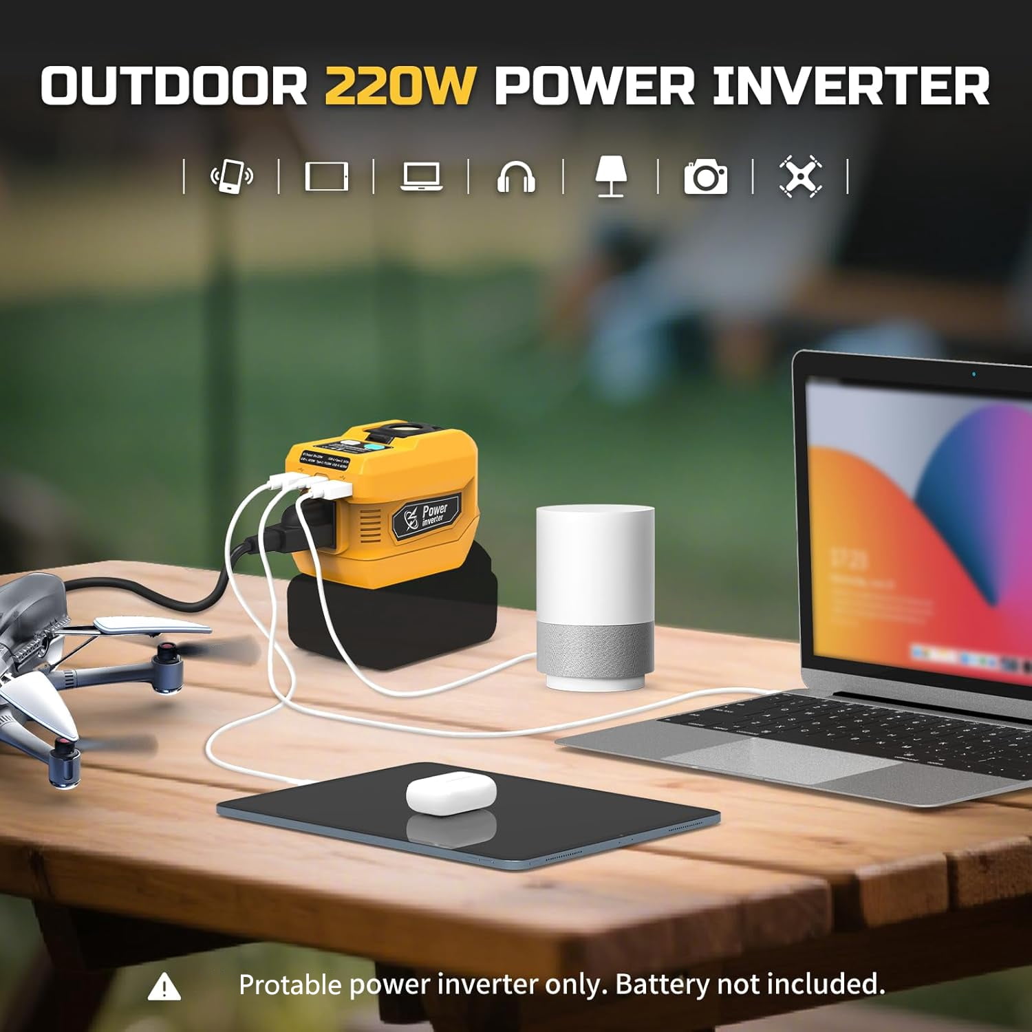 Kzreect 220W Power Inverter Compatible with Dewalt 20V Battery, 110V 220W Output, 2 USB & 400LM LED, Protable Adapter for car, Camping & Emergency Use