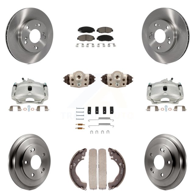 Transit Auto Front Rear Disc Brake Caliper Rotors Drums Ceramic Pads Shoes Wheel Cylinders and Hardware Kit (11Pc) for Car Honda Civic KC8-100918C