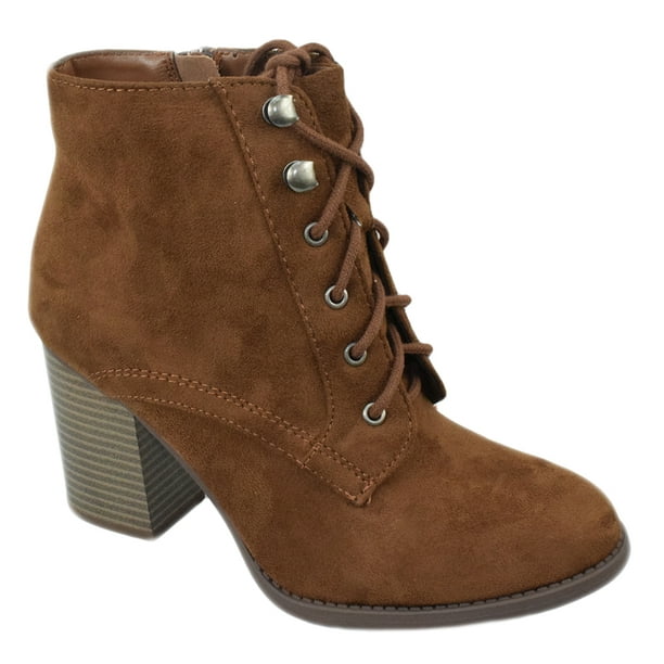 SODA - Soda Women Ankle Boots Thick Heel Combat Lace Up Booties Side Zipper LURK-S Brown
