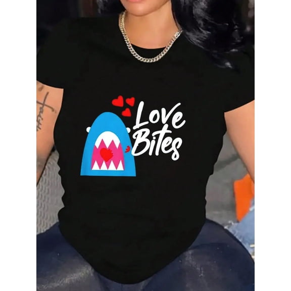 Funny Shark Valentine's Day Love Bites Graphic Women Short Sleeve Tee