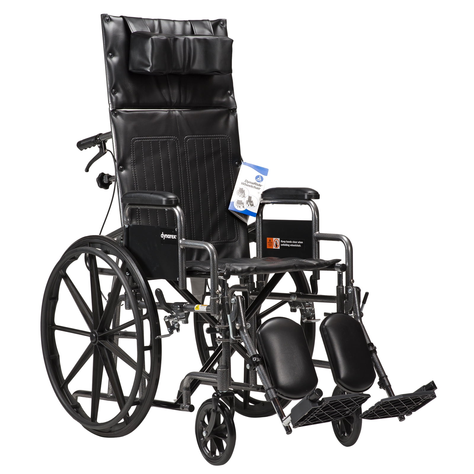 Dynarex DynaRide Reclining Wheelchair - Detachable Desk Arms & Elevating Leg Rests, Weight Capacity 350 lbs., 22" x 18" Seat, Silver Vein Frame - 1 Wheelchair