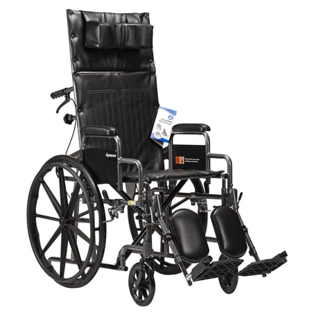 Dynarex DynaRide Reclining Wheelchair - Detachable Desk Arms & Elevating Leg Rests, Weight Capacity 350 lbs., 20" x 16" Seat, Silver Vein Frame - 1 Wheelchair