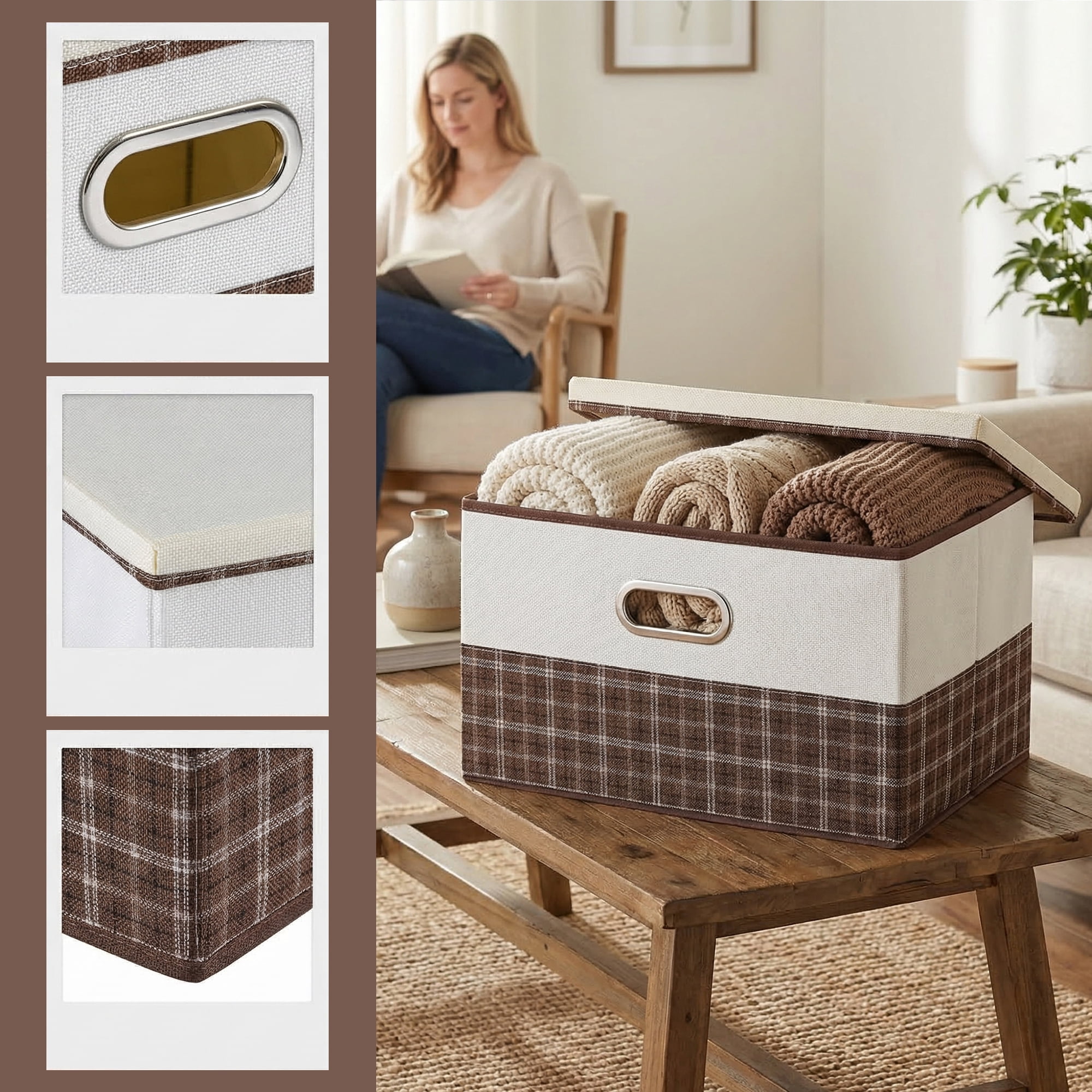 Unique Bargains Storage Cube Fabric Storage Bin with Handles Coffee 15*9.8*8.3in
