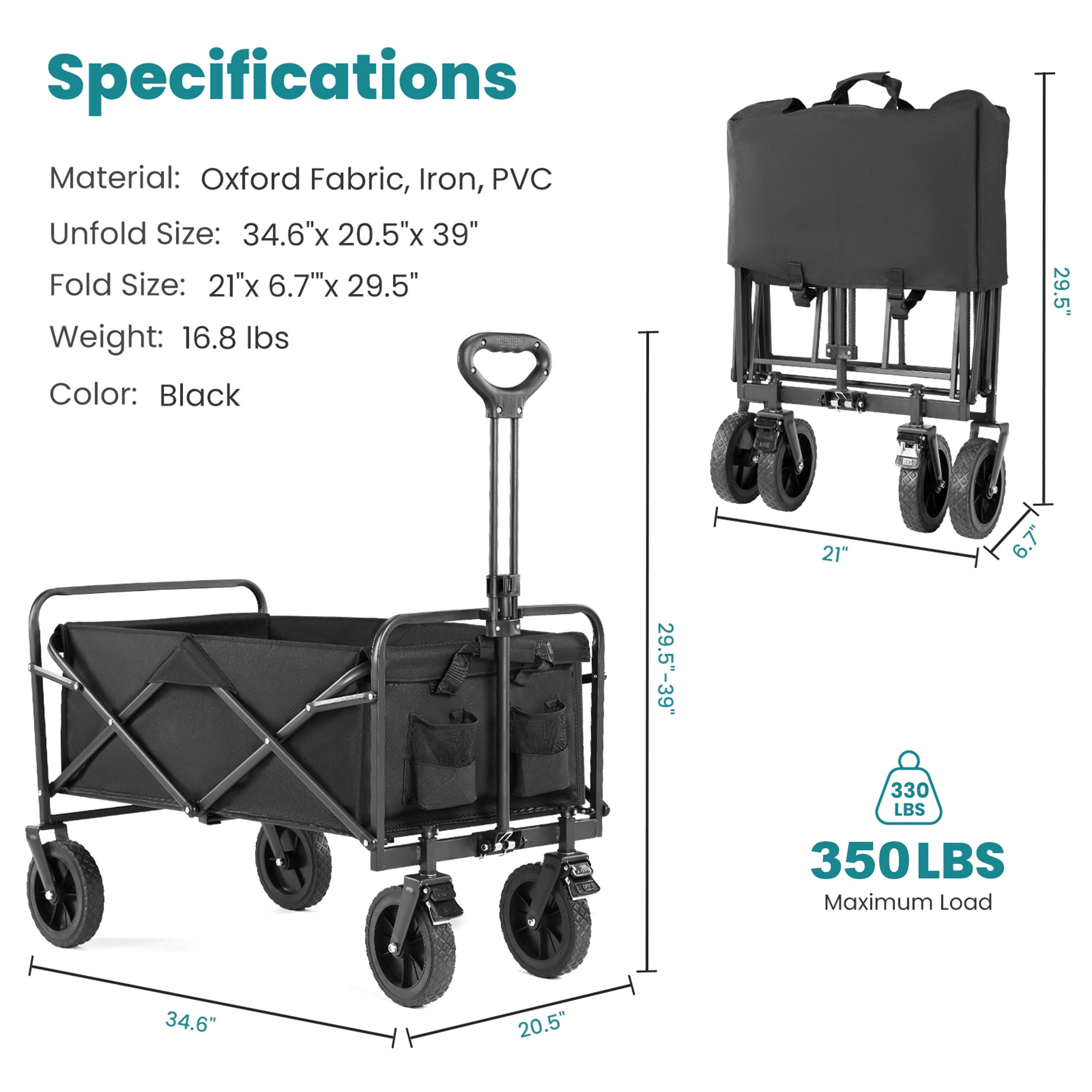 AENKYO Collapsible Folding Wagon, Heavy Duty Beach Cart, 350lb Weight Capacity for Sports and Camping