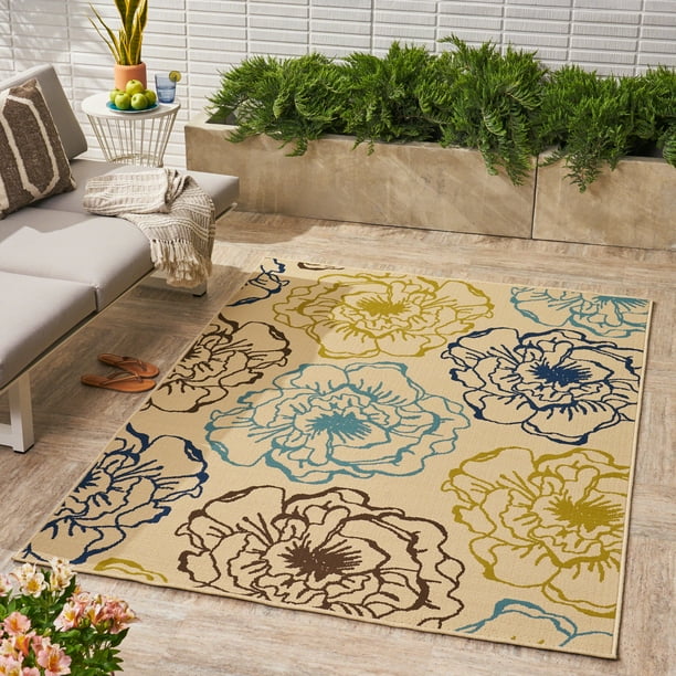 Indoor/ Outdoor Floral 5 x 8 Area Rug,Multicolored,Ivory