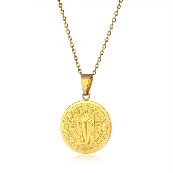 Religious San Benito Medal Pendant 14K Yellow Gold Chain Cross Jesus Saint Benedict Necklaces for Women Men Jewelry