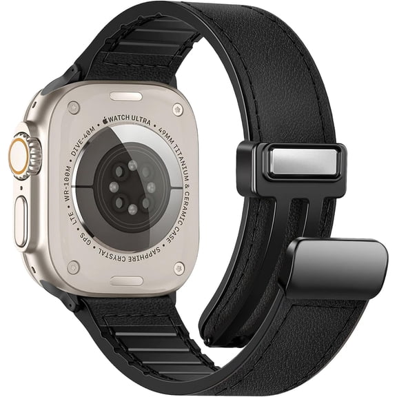 Magnetic Leather Bands Compatible with Apple Watch 42mm(Series 10/11) 41mm 40mm 38mm for Men Women, Genuine Leather with Magnetic Buckle for iWatch Series SE11/10/9/8/7/6/5/4/3/2/1,Black