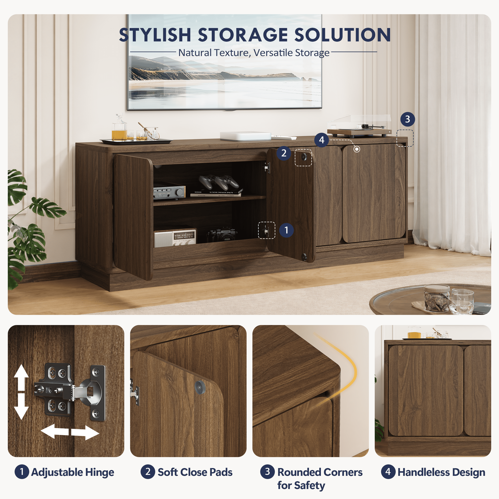 Mintazer 63'' TV Stand with 4 Storage Doors, Low Profile Storage Media Console Table with Cable Holes for Living Room, Kitchen, Bedroom & Entryway, Walnut