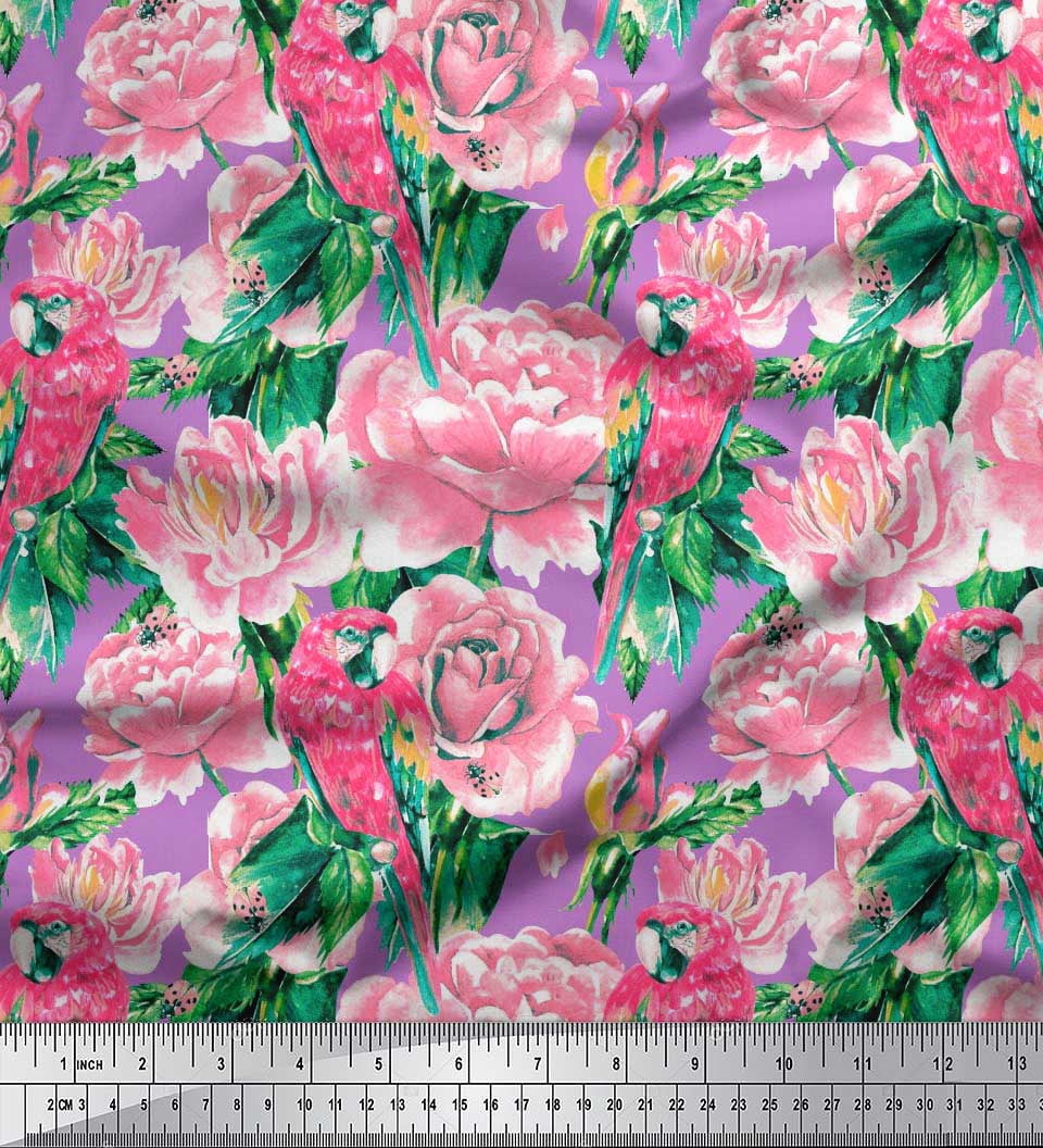 Soimoi Poly Georgette Fabric Leaves,Rose & Parrot Bird Fabric Prints by Yard 52 Inch Wide