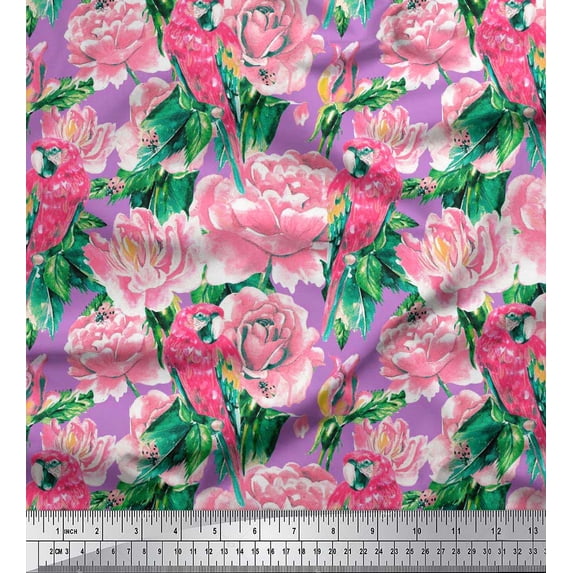 Soimoi Rayon Fabric Leaves,Rose & Parrot Bird Print Fabric by The Yard 42 Inch Wide