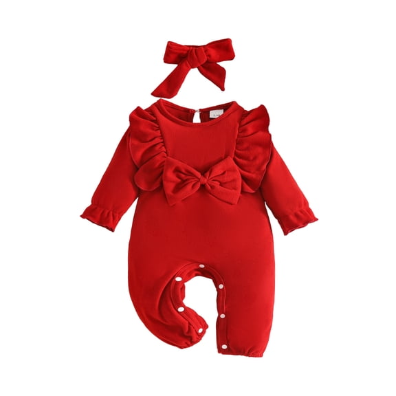 Ulanda Newborn Baby Girl Clothes Jumpsuit Ruffle Romper Bodysuit Pants Headband One-Piece Coming Home Hospital Outfits (Red, 3-6 Months)