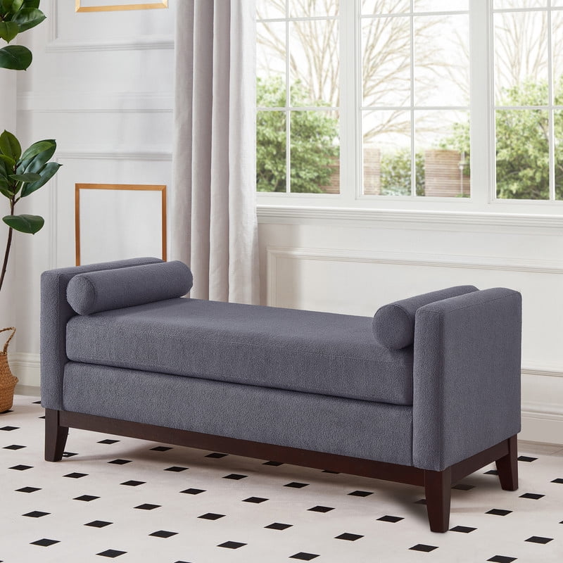 51" Storage Ottoman Bench with Arms and Pillows, Large Boucle Upholstered Tufted End of Bed Bench with Thick Padded Seat for Entryway, Living Room,Bedroom, Dark Gray