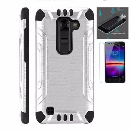 Mega Phone Case From Metro Pcs For LG Stylo 2 Plus MS550 (Metro PCS / T-Mobile Only) Case + Tempered Glass Screen Protector / Slim Dual Layer Brushed Texture Armor Hybrid TPU Combat Phone Cover (Silver/Black) ()