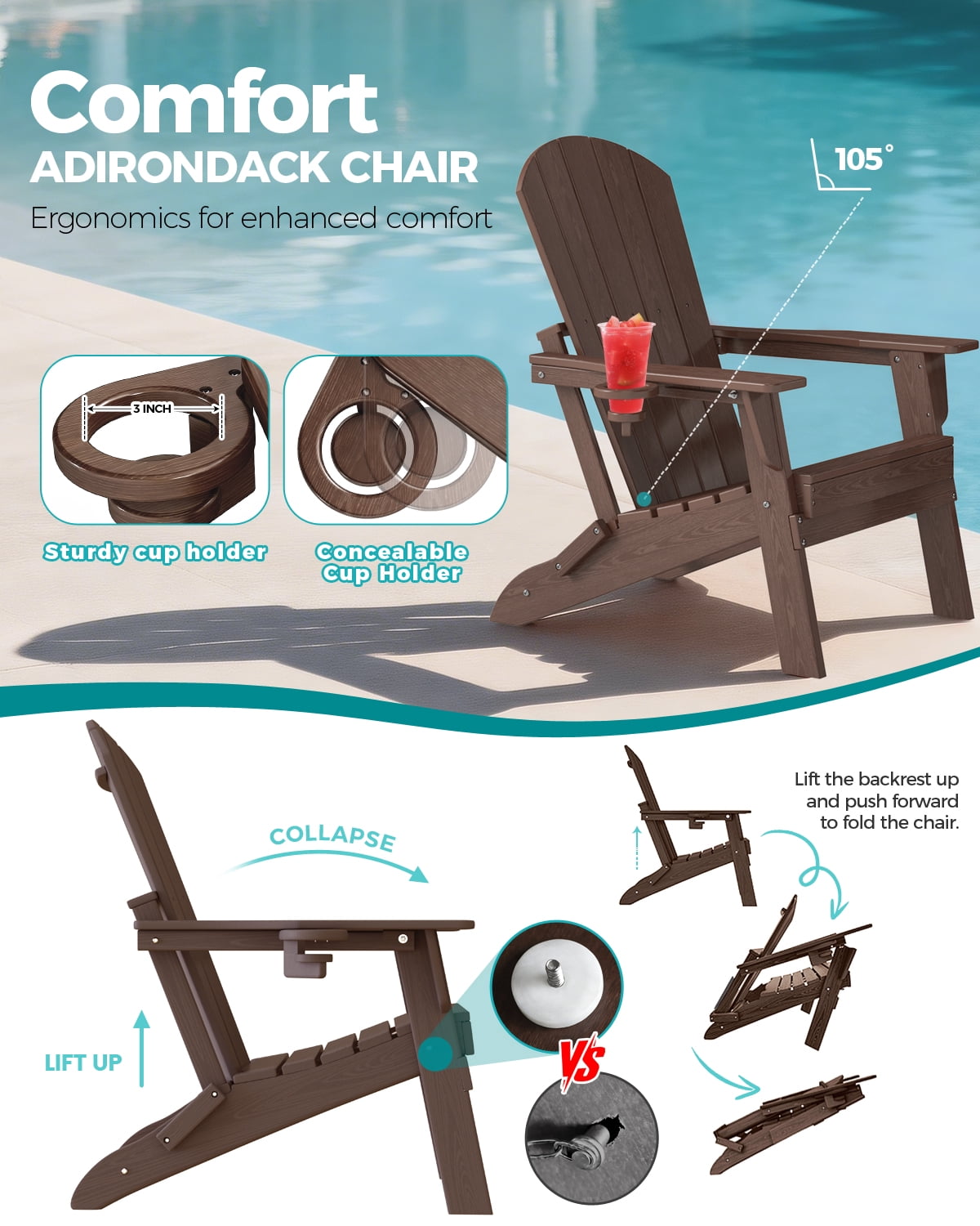 Cobiod Folding Adirondack Patio Chair with Cup Holder, HDPE All-Weather Outdoor Lounge Chair, Wood Grain Ergonomic Design, Coffee