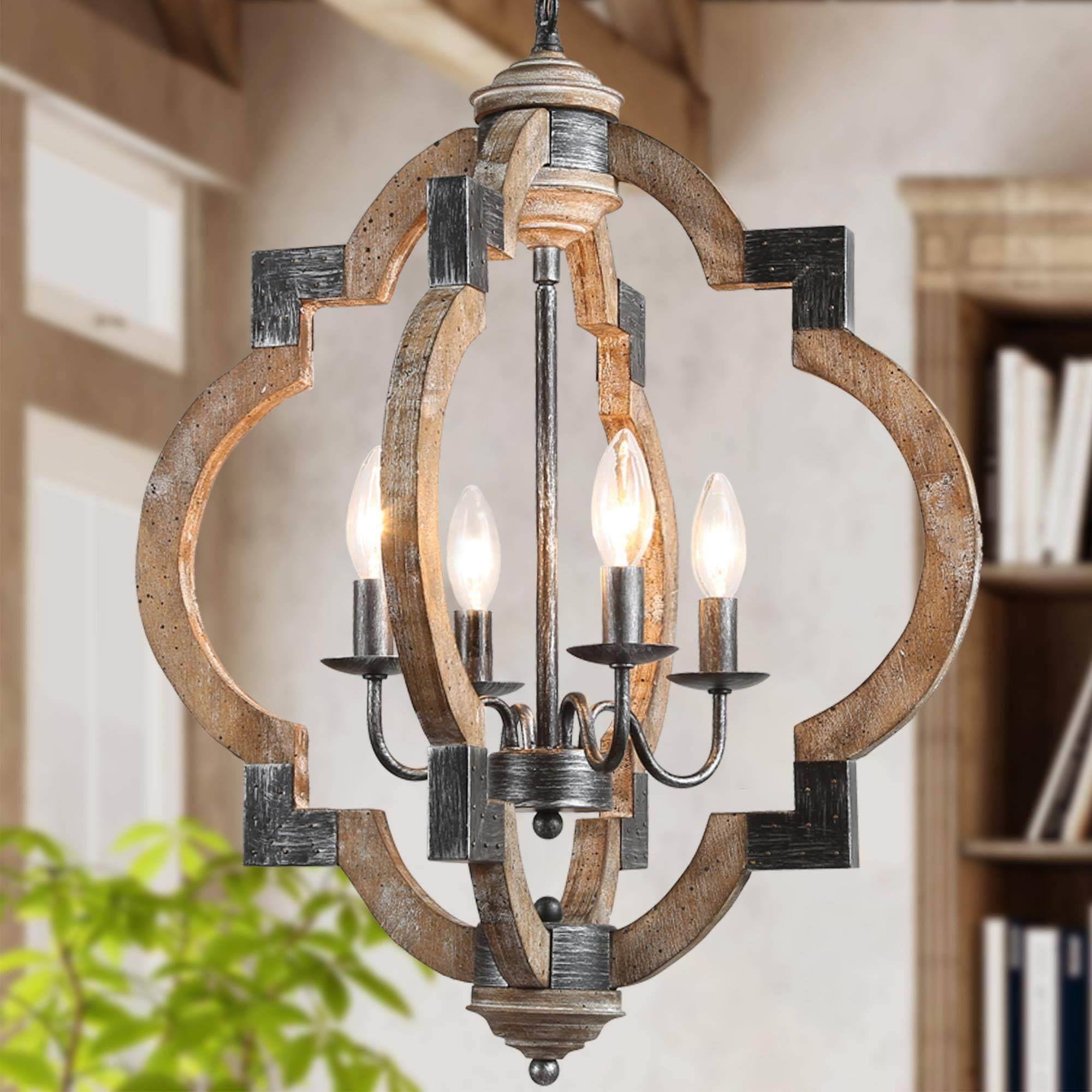 LNC 4-Light Distressed Wood and Black Farmhouse Lantern Chandelier for Kitchen