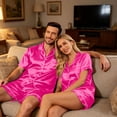 thumbnail image 6 of （Mens） Couple Matching Sets Silk Short Sleeve Button Down Sleepwear Satin Shorts Set Soft Loungewear Hot Pink L, 6 of 8