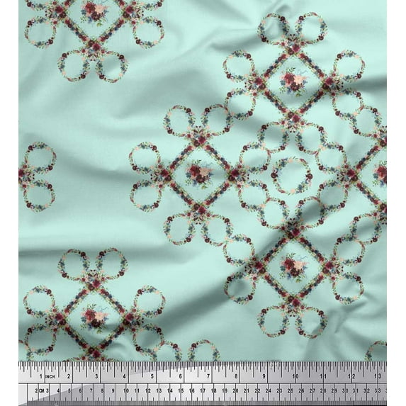 Soimoi Green Moss Georgette Fabric Floral Wreath Geometric Print Sewing Fabric Yard 44 Inch Wide