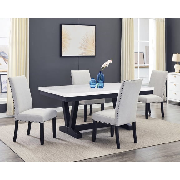 5Pc Dining Set White Faux Marble Table Upholstered Chair Wooden Furniture Black Gray