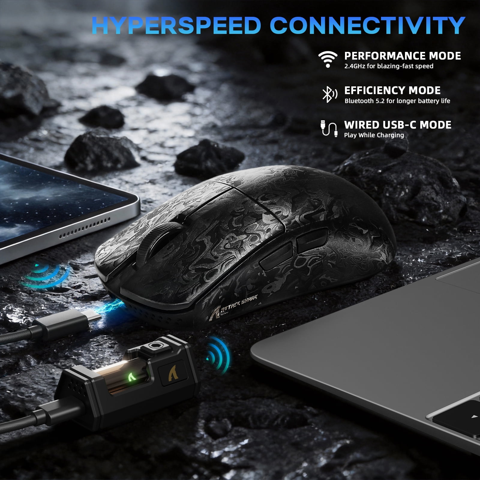 ATTACK SHARK R11 Ultra 8K Carbon Fiber Wireless Gaming Mouse with 42000 DPI-PAW3950 MAX Sensor-49g Lightweight,Nordic 52840 MCU Chip,Wired/BT/2.4Ghz Programmable,RGB Coiled Cable,Black Ink