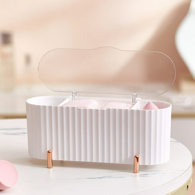 Fiudx Caja de Almacenamiento Beauty E-Gg, Diseño de Cubierta Transparente, Organizador de Borlas de Algodón, Almacenamiento Multizona, para Baño y Oficina, Color Verde, Blanco y Rosa, 21,35 X 8,57 X