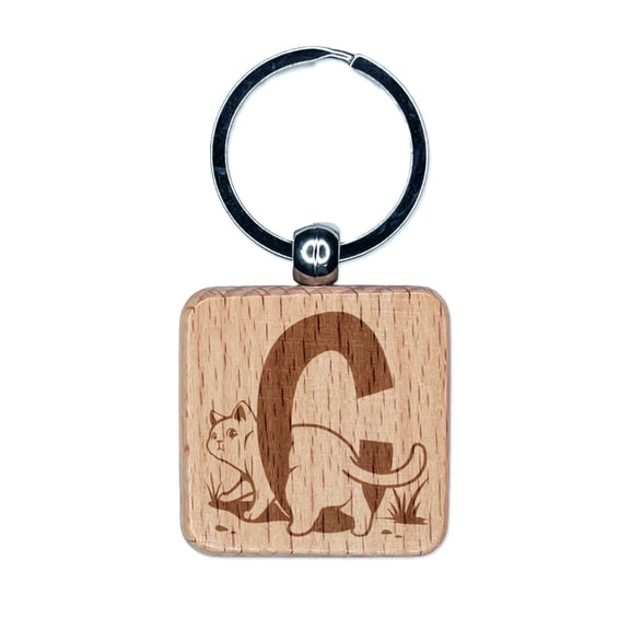 Animal Alphabet Letter C for Cat Square Keychain Charm Tag - Engraved Wood