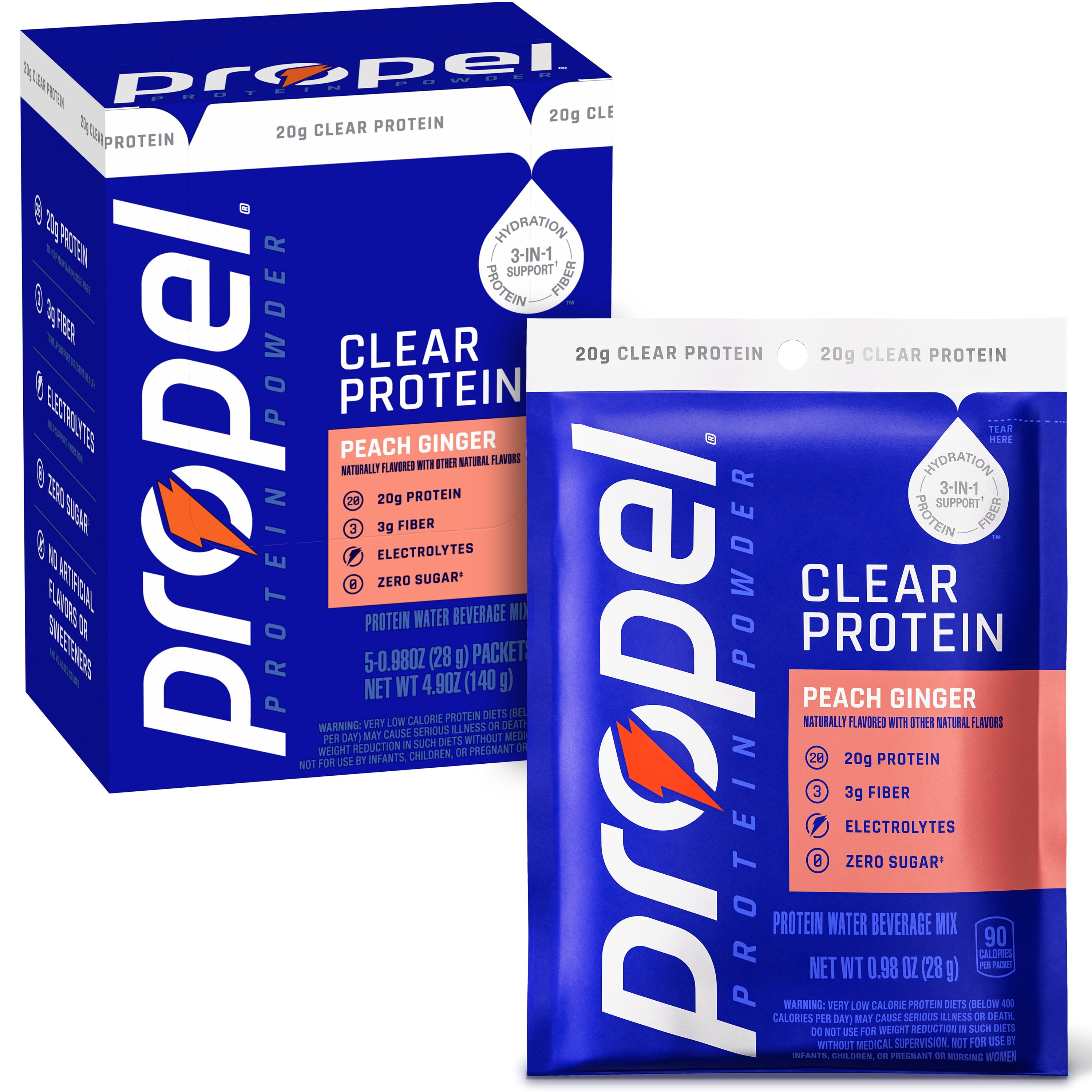 (5 pack) Propel Clear Protein, 20g Protein, Zero Sugar, Peach Ginger, Powdered Clear Protein Drink Mix, 0.98 oz