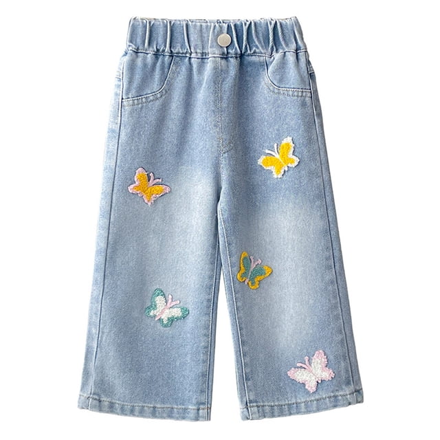 DXOUPM Girls Jeans Butterfly Embroidery Wide Leg Elastic Waisted Denim Pants Trendy Trousers