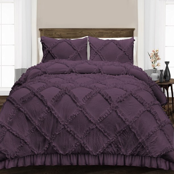 CalKing Comforter Diamond Ruffle Plum Luxurious Collection Microfiber