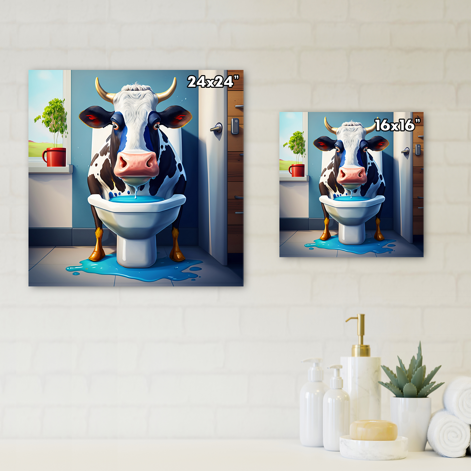 Designart Cartoon Cow Seating On The Toilet I Canvas Wall Art