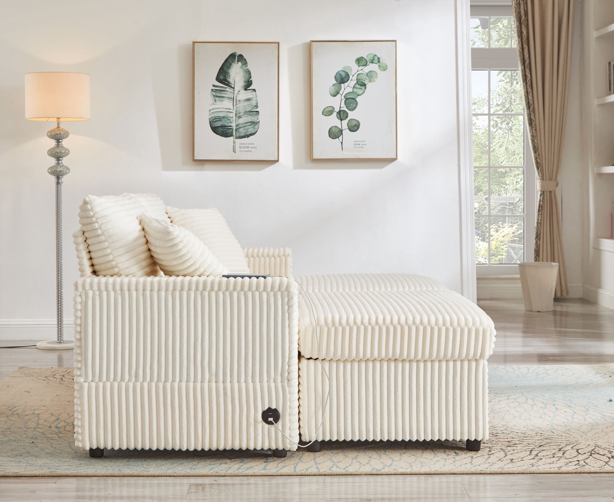 68" Double Chaise Lounges Indoor, Chenille Upholstered Loveseat Sofa Bed with Charging Station, Hidden Table Armrests and Storage Ottomans for Living Room, White