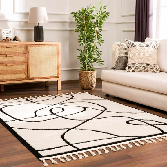 Hauteloom Deren Living Room, Bedroom Bohemian Shag Area Rug - Soft Shaggy Farmhouse - High Plush Pile - White, Black, Cream, Light Beige, Bone - 7'10" x 10'