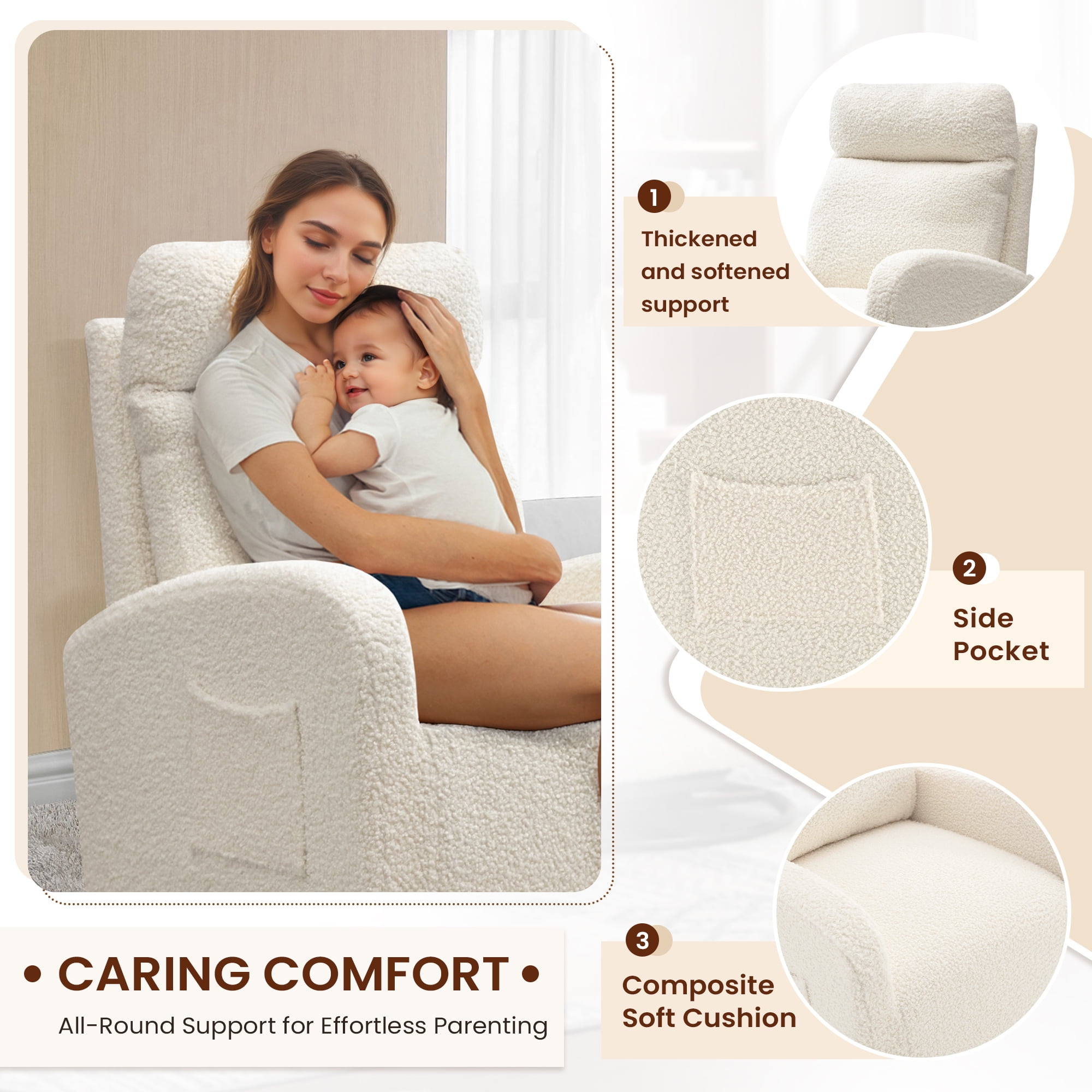 Muumblus Teddy Swivel Glider Rocking Chair for Baby Nursery, Indoor, White