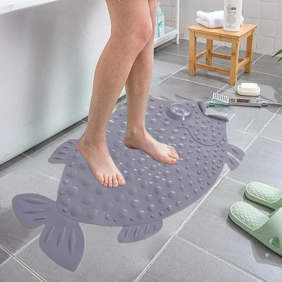 Qocolhg Fish Shape Bathtub Mat Non Slip, 14x25 inch Long Shower Mat with Drain Holes Suction Cups, Bath Mats for Inside Shower, Machine Washable, BPA, Latex, Phthalate Free, Clean Gray