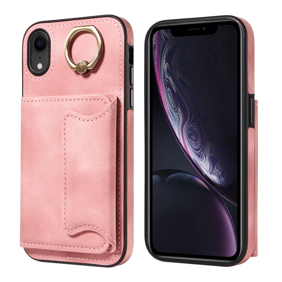 Case for iPhone XR, PU Leather 3 Card Slots with Finger Ring Holder Shockproof Phone Case
