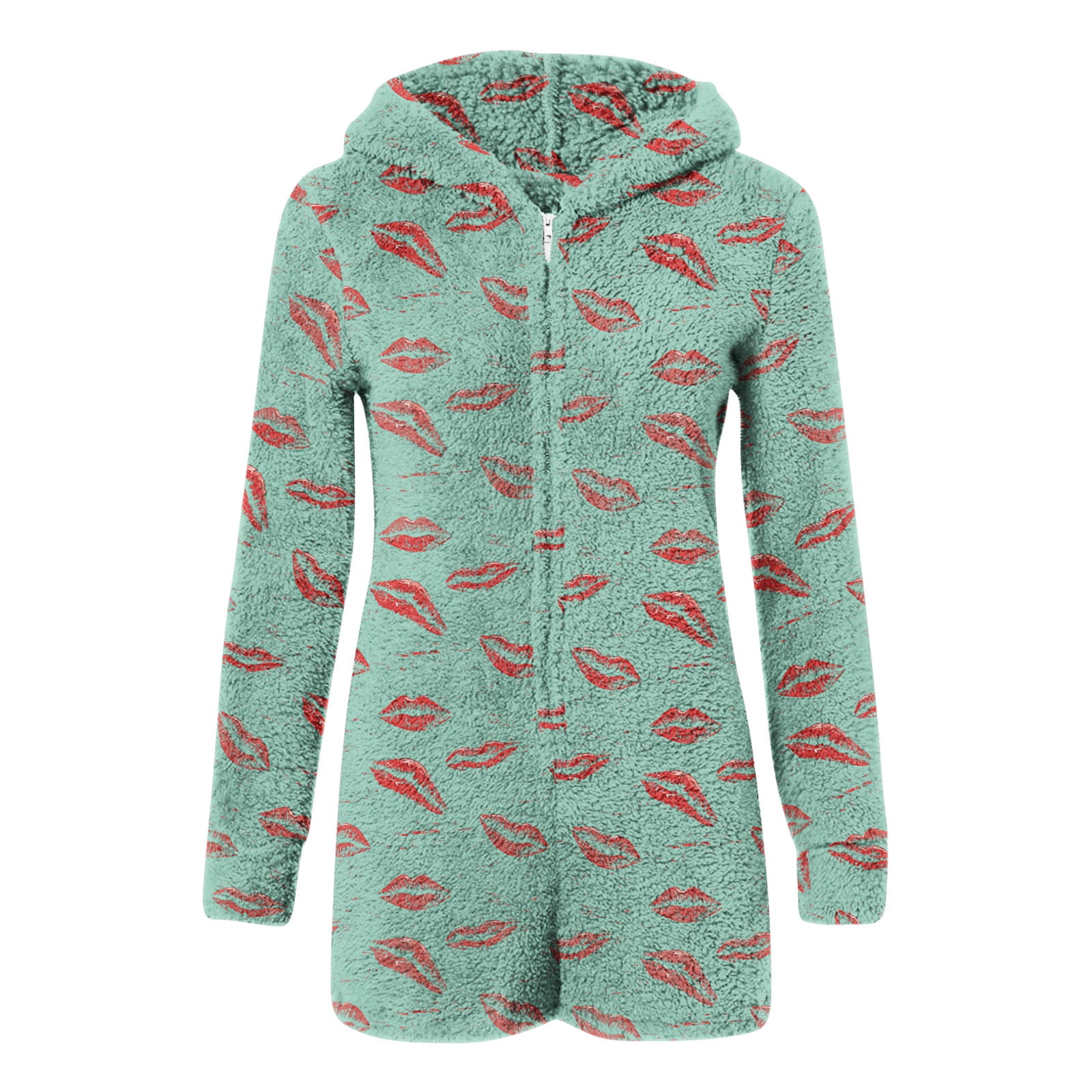 Womens Long Sleeve Onesies Pajamas Fuzzy Zip-Up Hooded Romper Warm Short Playsuit Jumpsuit Fleece Sherpa Sleepwear Green, XXL