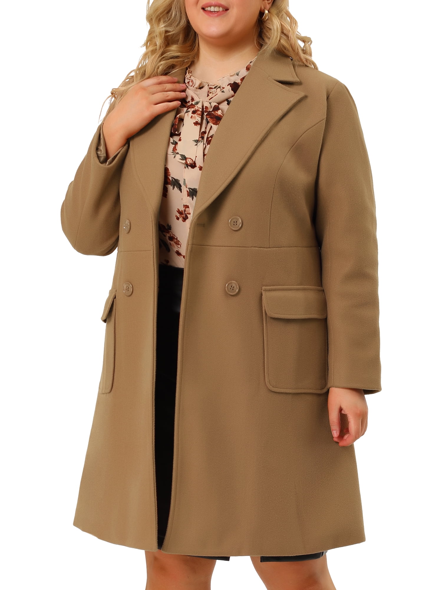Agnes Orinda Womens Plus Size Notched Lapel Double Breasted Long Coat 