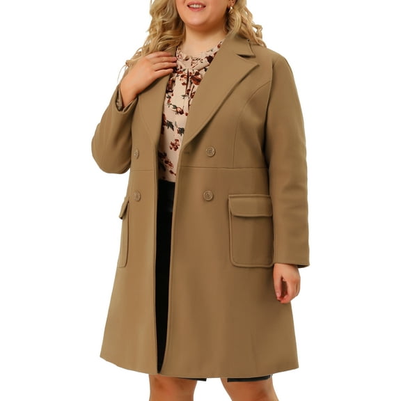 Agnes Orinda Women's Plus Size St. Patrick's Day Long Winter Coats Notch Lapel Double Breasted Pea Trench Coats 1X Camel