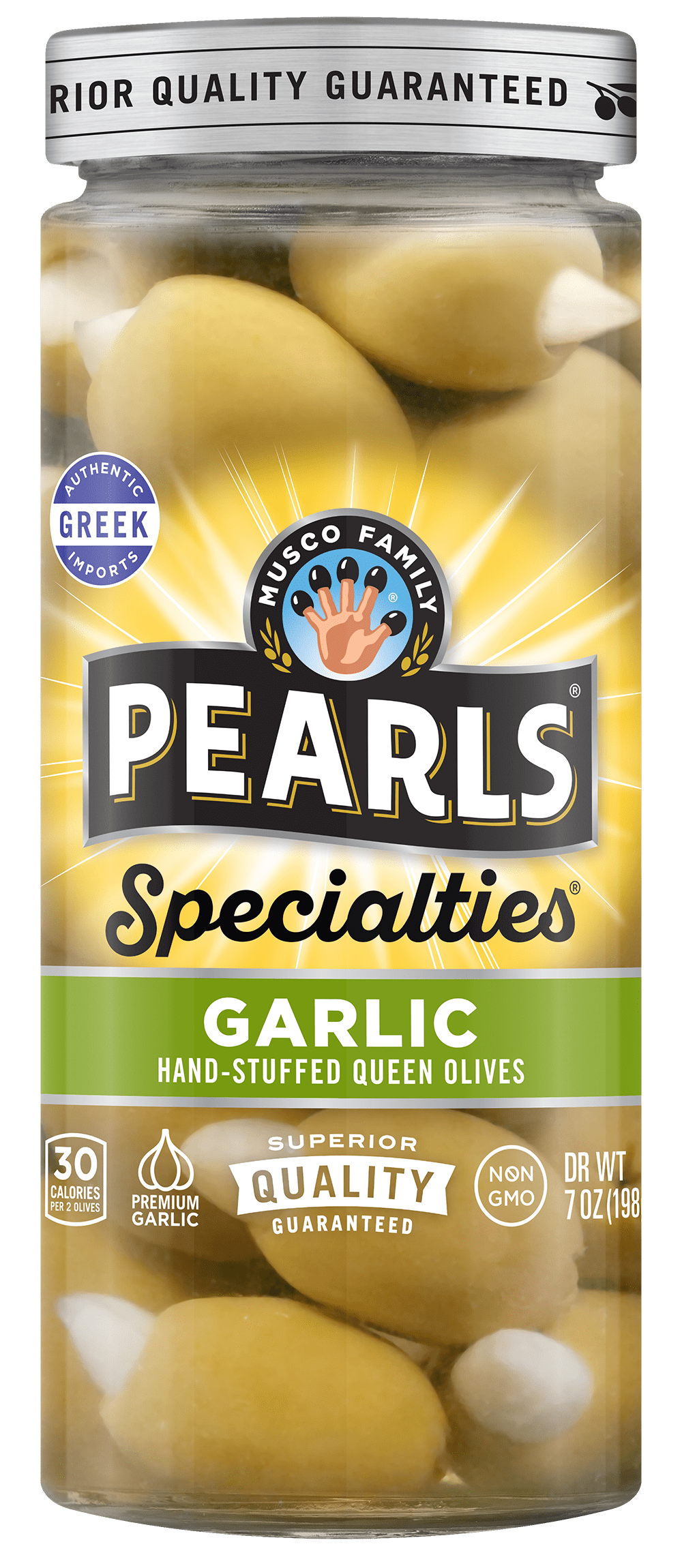 (2 pack) Pearls Specialties Garlic Stuffed Olives 7 oz. Jar. Major Allergens Not Contained.