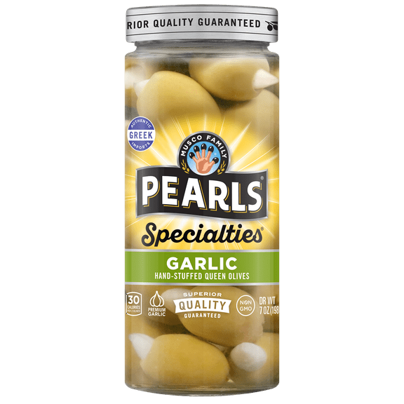 Pearls Specialties Garlic Stuffed Olives 7 oz. Jar. Major Allergens Not Contained.