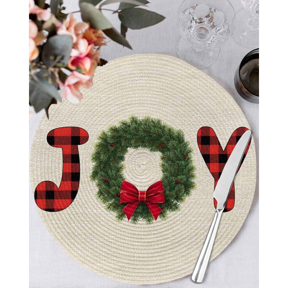 13 Inch Round Placemats Set of 6, Red Green Christmas Non Slip Heat Insulation PP Table Mats, Farmhouse Xmas Botanical Winter Washable Place Mats for Kitchen Dining Party Table Decor
