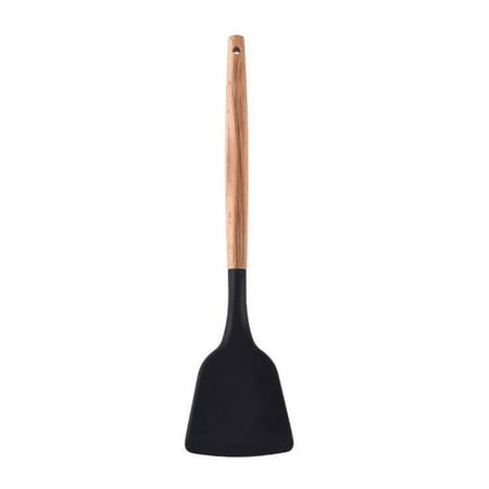

Farfi Cooking Spatula Non-deformable Anti-slip Silent Stir-Fry Heat Resistance Silicone Extended Wooden Handle Frying Spatula for Kitchen (Black)