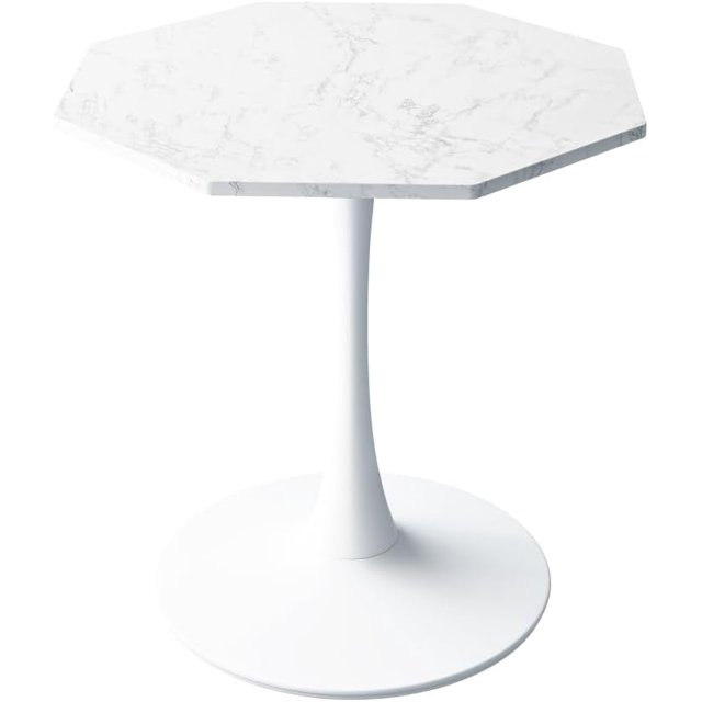 Table à Manger Ronde Moderne avec Plateau en Marbre Blanc Imprimé, Base en Métal, Table d'Appoint (Marbre Blanc + Octogonal)