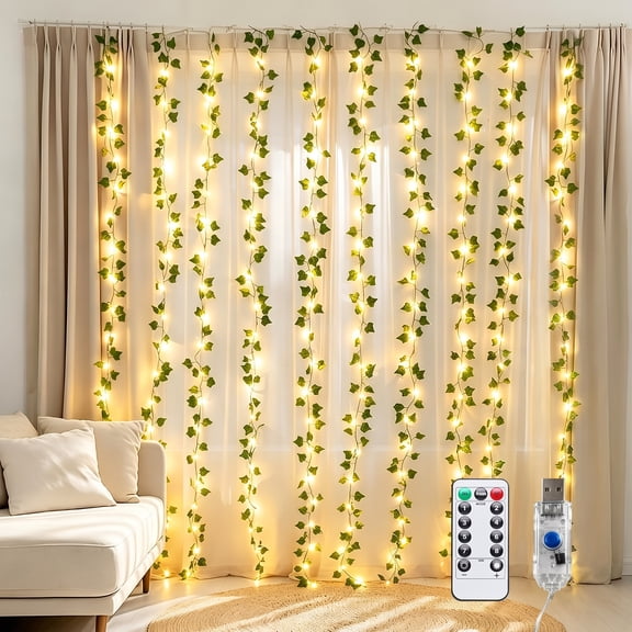 VOLIVO Faux Ivy Vine Curtain Fairy Lights, 9.9 x 6.6FT, 200 LEDs Featuring 8 Light Modes, USB Supply & Remote Controlled Hanging Plant Lights for Wall, Bedroom, Wedding, Party