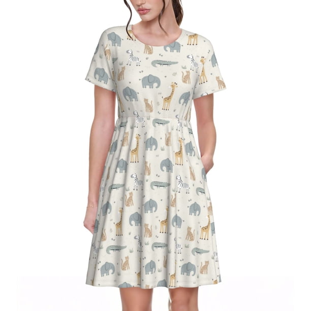Balery African Animals Vestidos sueltos de manga corta para mujer, vestidos de verano 2025, vestidos casuales de corte A con vuelo.