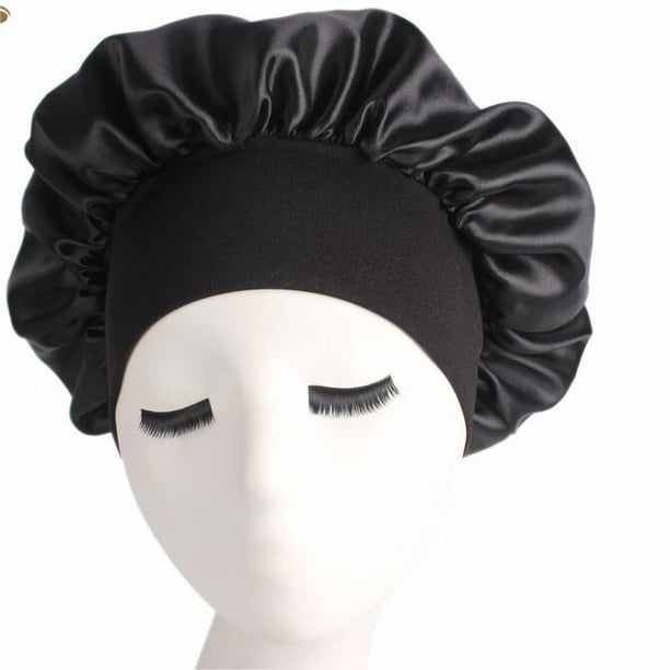 1 Pcs noir Bonnet de Nuit Satin, Chapeau Sommeil Élastique Réutilisable  Capuchon pour Soin des Cheveux Femme Adapté Cheveux Longs, Bouclés 