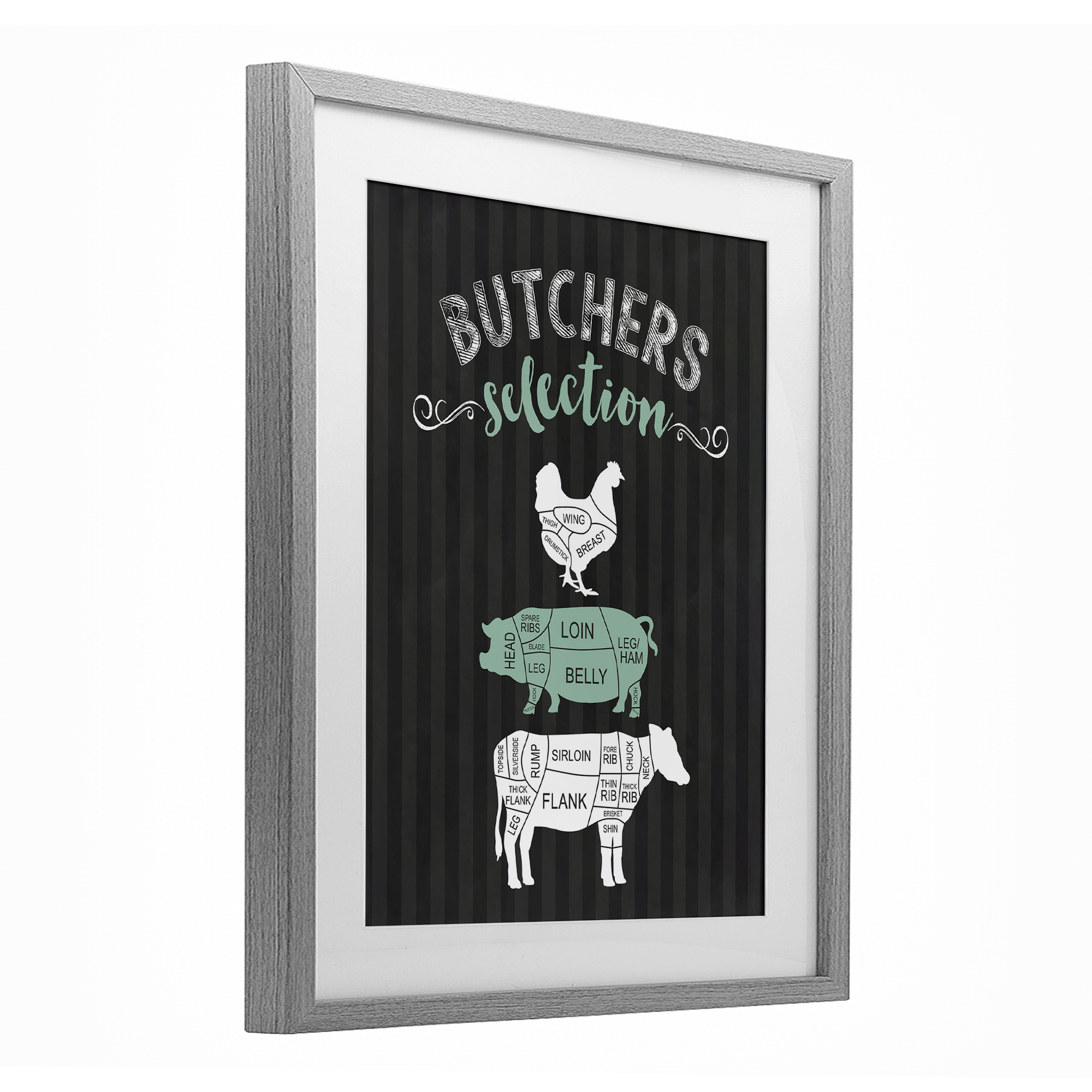 Butchers Selection Black & Green Gray Framed Print Under Glass, design by Lettered and Lined